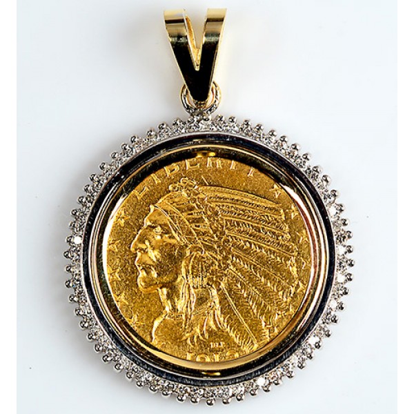  $5 U.S. INDIAN HEAD GOLD COIN  in 14KT GOLD DIAMOND PENDANT .80 CTS.